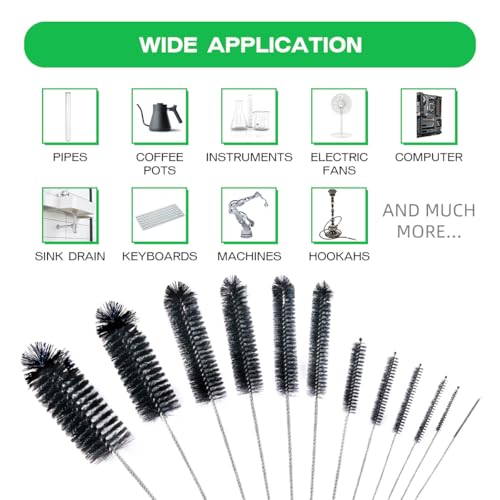Straw Cleaner Brush Set,12 Pieces Extra Long Pipe Water Bottle Brushes for Cleaning Reusable Drinking Straws,Bird Feeders,Pipes,Black (12pcs Different diameters Set)