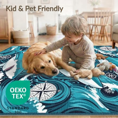 4'x6' Washable Flatwoven Rug, Navy Graphic Shark Easy Care Throw Carpet for Dorm Room, Small Living Room, Apartment, Stain Resistant Low Profile Floor Covering | Ref:2068650 - color: Blue/Pattern 14, size: 4' x 6' (Rectangular)