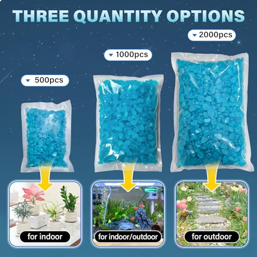 PoYang 1000pcs Glow in The Dark Rocks Outdoor - Blue Resin Glowing Pebbles for Landscaping, Garden, Fish Tank and Aquarium Indoor Decor, Powered by Sunlight or Lamplight (0.4"-0.7"/pc, 1.2lbs/Bag) - color: Blue