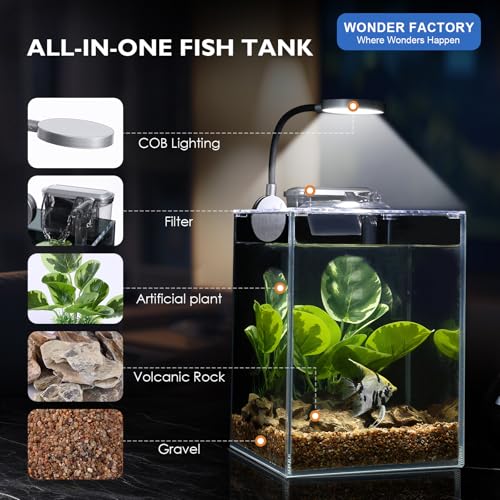 Desktop Small Aquarium Set Glass Fish Tank 1.25 Gallon, with Water Pump Filter Bright LED Light Gravel Cleaning Tool, Starter Kit Small Space Easy Setup Space-Saving Design Betta Shrimp