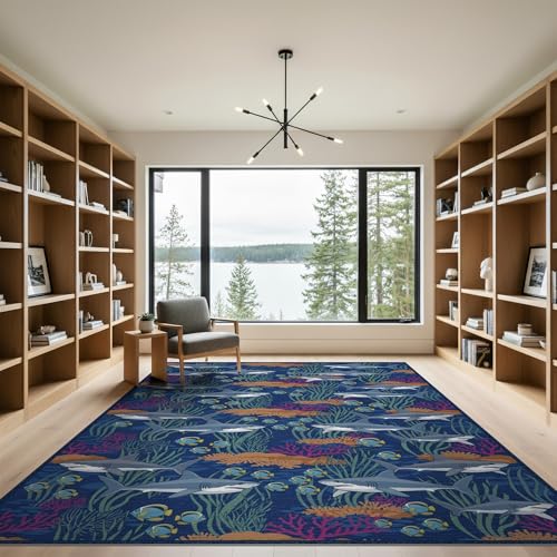 9'x12' Washable Modern Fish Oversized Rug, Orange Non-Shedding Pet Friendly Carpet for Master Suite, California King, Under Bed, Foldable Easy Care Mat | Ref:2068689 - color: Blue/Pattern 26, size: 9' x 12' (Rectangular)