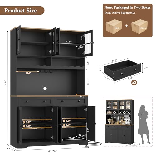 HOSTACK 75.4" Tall Kitchen Pantry Cabinet with Charging Station, Modern White Kitchen Hutch with Microwave Stand and Wine Rack, Large Food Pantry Storage Cabinet with Glass Doors and Drawers, Black - color: Black