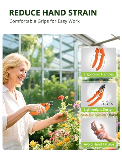 Pruning Shears, Garden Shears - 6.9" Garden Clippers, Gardening Scissors with Rust Resistant SK5 Stainless Steel Blade, Cuts 3X Easier, Weak Hand Arthritis Pruners for Gardening - Orange - style: 6.9" Bypass Orange