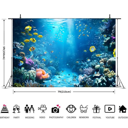 Under The Sea Backdrop 7x5ft Ocean Backdrop Underwater World Colorful Tropical Fish Coral Aquarium Deep Sea Sunlight Photography Background Birthday Under The Sea Party Decorations Photo Props - color: Blue2, size: 7x5ft