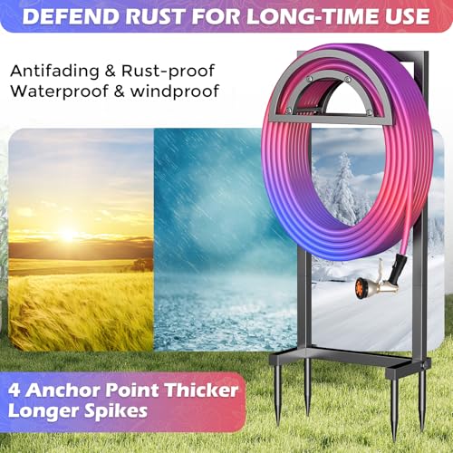 OLV Hose Holder Holds 150-ft Water Pipe, Outdoor Freestanding Heavy Duty Water Hose Holder Reel with 4 Spikes, Detachable Metal Hose Storage Stand Hanger Rack for Outside Yard Lawn Farm, Black