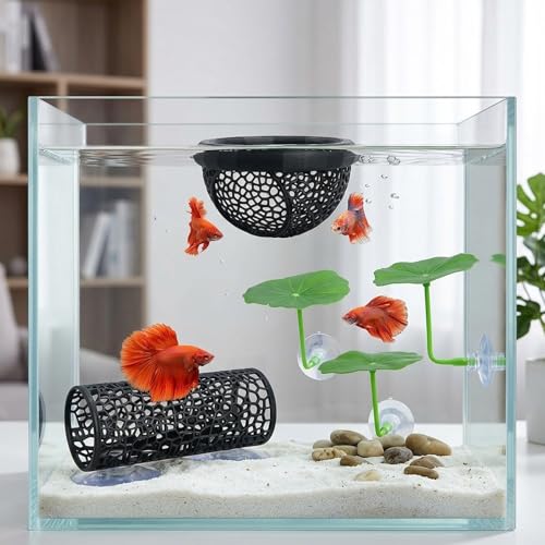 Betta Hammock, 5-Piece Set with Floating Betta Hide and Betta Fish Enrichment Toys, Aquarium Decor for Betta Fish Stress Relief and Natural Exploration, Includes Tunnel and Floating Bed