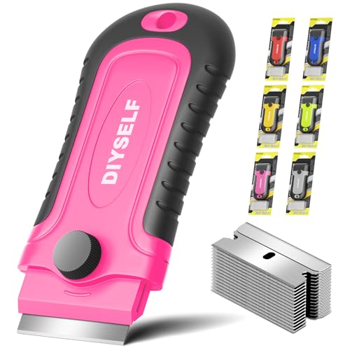 DIYSELF 1 Pack Razor Blade Scraper with 15 Extra Blades, Scraper Tool for Cleaning Window, Paint, Cooktop, Oven, Glass Stove Top Scraper, Razor Scraper with Buit-In Blade Storage (Pink) - color: Pink, size: 1 Pack