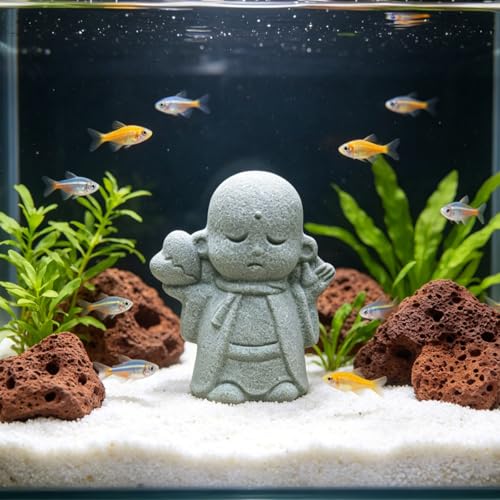 Praying Monk Statue Japanese Buddha Bosatsu Happy/Smiling Sandstone Ornament for Fish Tank Aquarium Bonsai Figures Feng Shui Decoration (A)