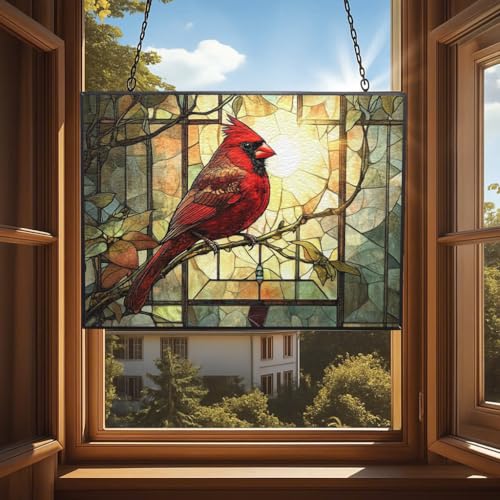 Vintage Cardinal On Branch Stained Glass Window Hanging, Colorful Sun Catchers Glass Panel Rectangle Suncatcher Decor for Birthday for Women, Men, Wife, Aunt, and Mom 15"x11" - color: Vintage Cardinal on Branch 4, size: 15x11 IN