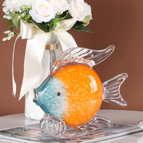 QIANLING Glass Fish Figurines - Coastal Home Decor, Modern Ocean Centerpieces for Living Room, Dining Area, Bathroom, Office, Coffee Table, Beach House, Nautical, Seaside, Entrance, Shelf Display - color: Blue & Orange Fish