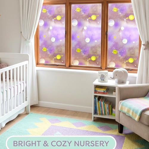 Purple Window Privacy Film Stained Glass Sliding Door Cling Decorative Galaxy Planet Static Tint UV Blocking Non-Adhesive Covering Stickers Cover Decal for Kids Bedroom,17.5x78.7in. - color: Galaxy Purple, size: 17.5''x78.7''