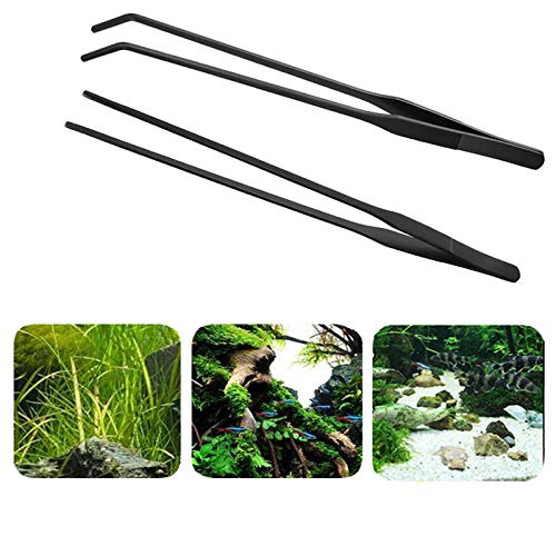 FRUTA Aquarium Tweezers Stainless Steel Straight and Curved Tweezer with Carbonation Protection Coating Against Rust Extra Long Reptiles Feeding Tongs Tools for Aquatic Tank Plants, 10.6 inch, Black