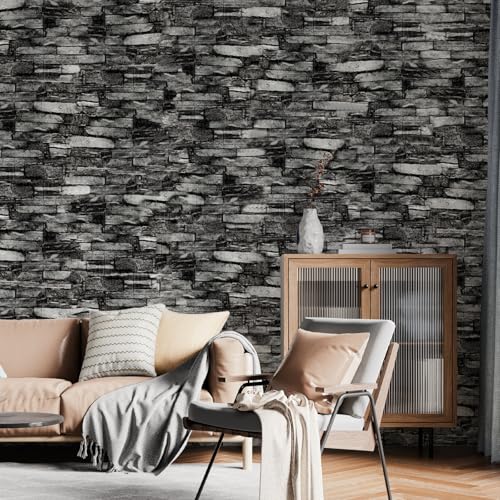 10 Pack 3D Wall Panels Peel and Stick, Waterproof Foam Stone 3D Wallpaper, Self Adhesive Foam Wallpaper for Bedroom Bathroom Kitchen (13.7 * 15.1in) - color: Black Rock, size: 10 Pack