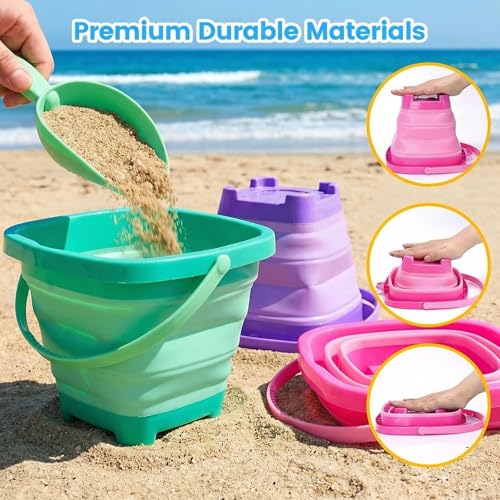 Shindel 3 PCS Collapsible Bucket Set, Foldable Beach Buckets with Shovels, Travel Sand Toys for Kids Outdoor, Beach Vacation Essentials, Camping Traveling, Fun Summer Activities