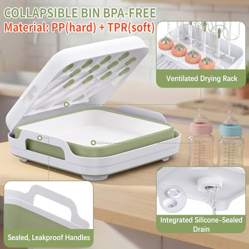 Collapsible Wash Basin for Baby Bottles with Drying Rack – 2.4 Gallon Foldable Dish Tub with Handles, Portable RV Camping Sink & Space-Saving Wash Bin with Lid for Kitchen, Travel & Outdoor, Green - color: Green