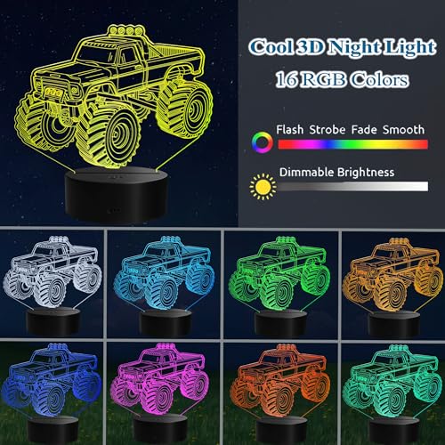 Monster Truck Night Light, Monster Truck Gifts, 3D Illusion Lamp with Remote Control, 16 RGB Colors, 4 Flashing Modes, Timer, Dimmable, Kids Room Decoration for Holiday Birthday Christmas - color: Color 7