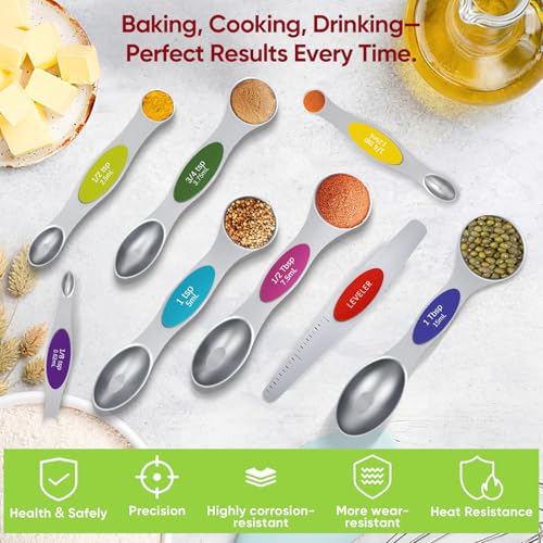 Magnetic Measuring Spoons Set with Strong N45 Magnets, Heavy Duty Stainless Steel Metal, Fits in Most Kitchen Spice Jars for Baking & Cooking, BPA Free, Multicolor - color: Measuring Spoons Set(Colorful)
