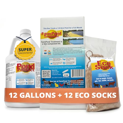 TLC Farm Pond Treatment – PondPerfect Liquid & EcoSock Dual System, Pond Bacteria for Larger Outdoor Ponds – 1 Box Treats Up to 1/4 Acre – 12 Gallon + 12 EcoSock - size: 12 Gallons + 12 EcoSocks