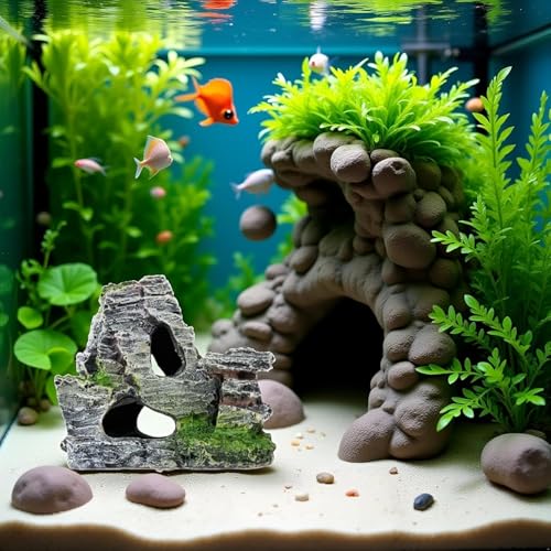 Resin Aquarium Mountain Decor with Moss Rock Cave - Multi-Level Terrain for Fish Tank Landscaping, Natural-Looking Rockery Design with Hidden Cave and Crevices for Shrimp