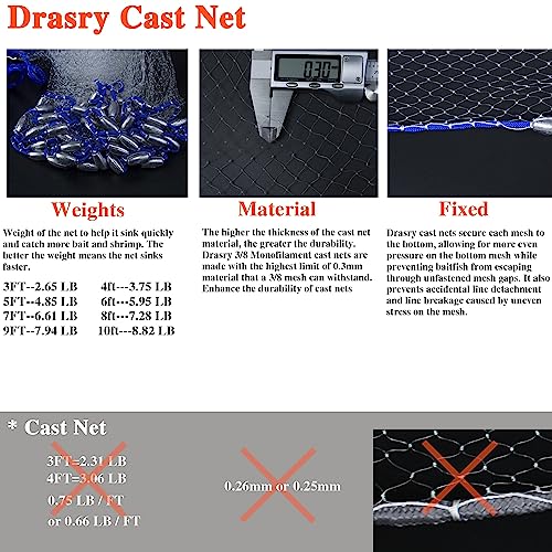 Drasry Saltwater Fishing Cast Net for Bait 3/8 1/4 or 1/2 with Heavy Sinkers Fish Trap Throw Net. Size 3ft/4ft/5ft/6ft/7ft/8ft/9ft/10ft Radius Freshwater Nets - size: 8FT (240cm) Radius, style: Lead Sinkers-3/8mesh-0.3mm Mono