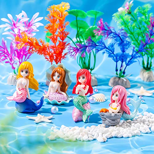 Jetec 9 Pieces Fish Tank Cute Mermaid Ornament and Simulated Seaweed for DIY Craft Aquarium Desk Theme Thematic Decoration Pet Accessories