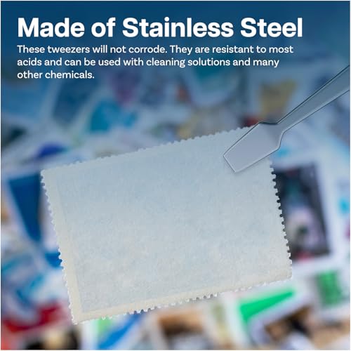MMOBIEL 2 Pcs Stainless Steel Stamp Tweezers Tongs Flat Wide Tip Precision Philately Tweezers for Stamps, Documents, Photo Development, etc.