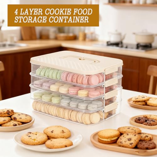 4-Layer Stackable Cookie Airtight Storage Containers with Lids, Portable Plastic Cookie Storage Case Snack Containers for Desserts, Cupcakes, Snacks, Dumplings, Fruit- Beige Lid