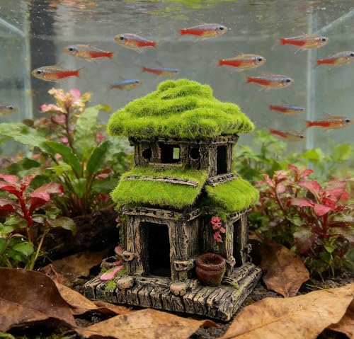 M2cbridge Aquarium Decorations Fish Hideout House Betta Cave with Green Lifelike Moss (Style 3) - style: Style 3