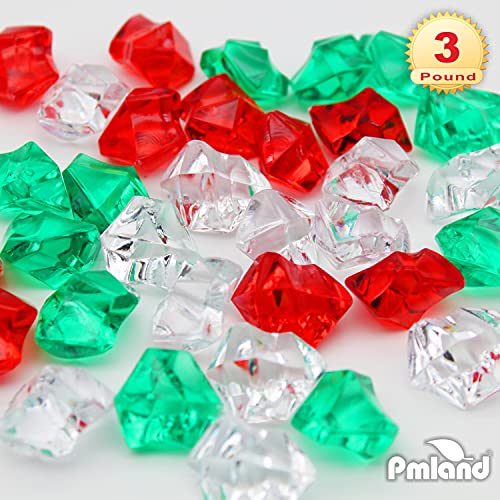 PMLAND Clear Fake Ice Rocks – 550 Pcs Large Acrylic Gems Crushed Plastic Diamonds, Green White Red (3Lbs/2.25 Quarts) – Bulk Vase Filler for Centerpieces Christmas Theme Décor Table Scatter - color: Green White and Red