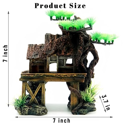 Aquarium Decorations Fish Tank Ornaments House on Terrace with Tree Root Resin Handicrafts for Betta Fish