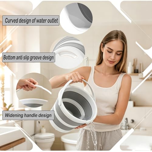 Collapsible Bucket with Handle 5L (1.32Gal), Foldable Pop Up Water Tub, Small Cleaning Mop Bucket, Portable Space Saving Pail for Household Cleaning, Car Wash, Camping, Gardening & Outdoor Use (Grey) - color: Gray, size: 5L