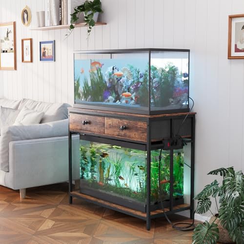 VOWNER 40 Gallon Aquarium Stand with Power Outlet, Metal Frame Fish Tank Stand with Cabinet Storage, Double Turtle Reptile Terrariums Tank Stand, 39.4" L*18.9" W Tabletop, 660LBS Capacity, Brown - color: Rustic Brown + Black