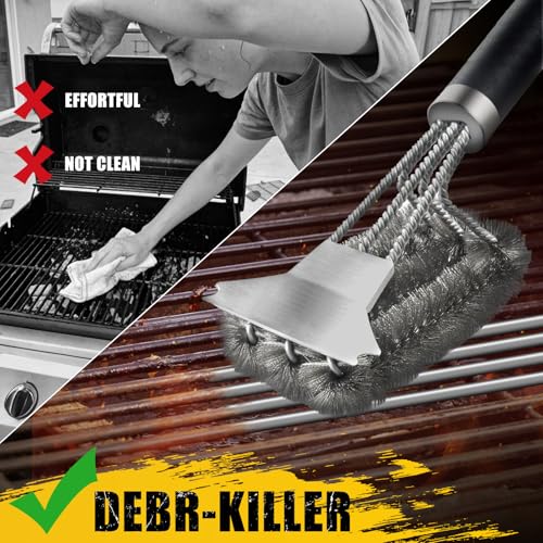 Grill Brush with Detachable Handle, Non-Slip BBQ Grill Brush for Outdoor Grill, 18 Inch Stainless Steel Grill Cleaning Brush with Scraper, Space Saving Grill Cleaner for Gas/Charcoal Grates