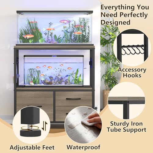 Heybly 20-29 Gallon Fish Tank Stand, Aquarium Stand with Drawer, Power Outlet, Heavy Duty Metal Frame, for Fish Tank, Turtle & Reptile Terrarium, 31.5" x 15.7" Top, 330lbs, Rustic Gray HAS001SG - color: Greige, size: 20-29 gal