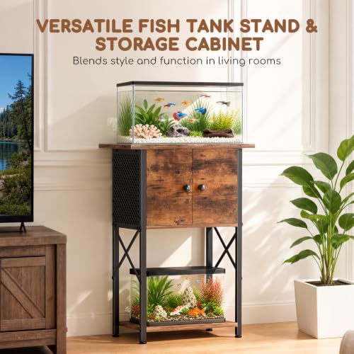 5-10 Gallon Fish Tank Stand, Aquarium Stand with Cabinet for Fish Tank Accessories Storage, Heavy Duty Waterproof Reptile Turtle Tank Stand Up to 260LBS, 21.3" L x 11.4" W, Rustic Brown