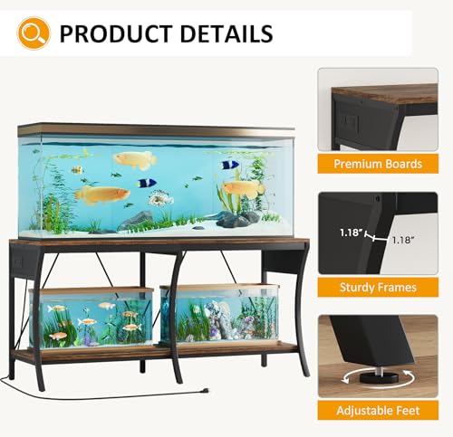55-90 Gallon Fish Tank Stand with Power Outlets, 2-Tier Aquarium Stand with LED Light Strip & Open Storage Shelves, Heavy Duty Metal Table for Reptile Tank, 1150 LBS Capacity - color: Brown and Black