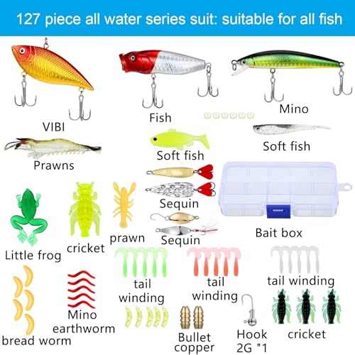 Sosation 134 Pcs Fishing Tool Kit Fishing Gear and Equipment Fishing Pliers Kit Fish Hook Remover Tool Fishing Lip Gripper Set Fishing Lures Baits Tackle Accessories (Blue, Cute Style)