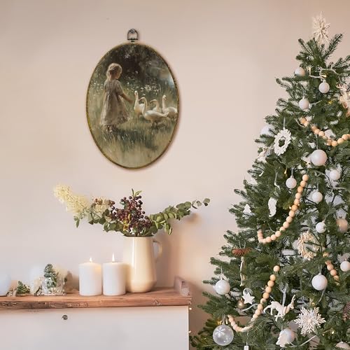 XFCICRLJ Vintage Farmhouse Wall Art Decor, Rustic Cottagecore Oval Canvas Prints Framed, Countryside Goose with Farm Girl Wall Art Decorations for Home Bedroom Living Room Decor, 11x8.5 Inch - color: Swan02