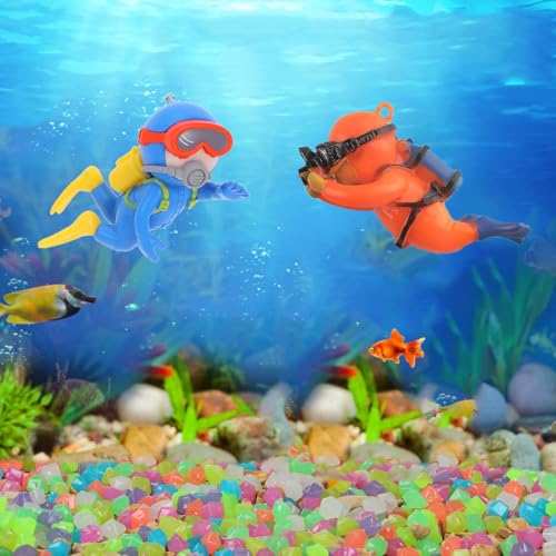 Muzero Fish Tank Decorations Aquarium Floating Diver,100 Luminous Stone Glow in The Dark Pebble and 2 Floating Ornaments Accessories for Fish Tank Decor - color: Diver Set