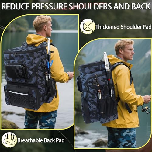 Fishing Backpack with Rod Holder, Large 50L Tackle Bag Water Resistant Tackle Backpack Heavy Duty Fishing Bag Gift for Men Woman - color: H: Camo Yellow