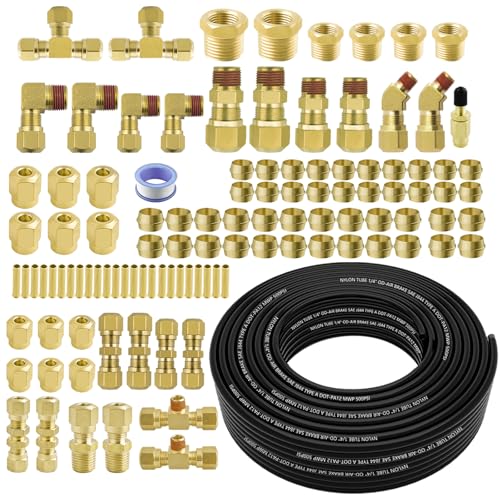 111 PCS Brass DOT Air Line Fittings with 100FT 1/4" DOT Air Line Kit Quick Connect 1/4" 1/8" 3/8" 1/2" NPT Thread Fittings with Pneumatic Tubing Set for Semi Truck Trailer or Industrial Air System