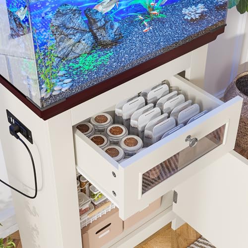 Virubi 10-15 Gallon Fish Tank Stand with Power Outlets, 198LBS Farmhouse Wood Aquarium Stand Furniture with Storage Cabinet and Drawer, Reptile Turtle Tank, Beige Brown