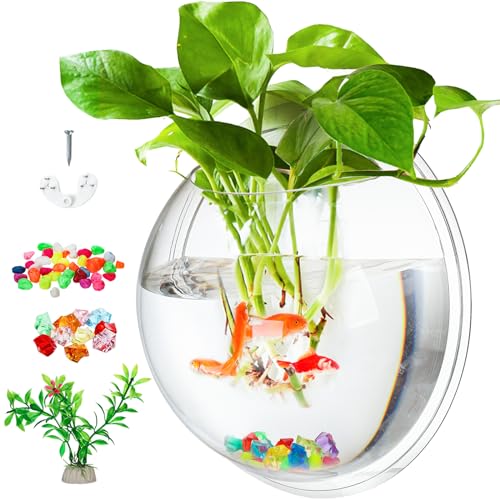 WUWEOT Hanging Fish Bowl, 9'' Acrylic Wall Mounted Fish Tank, 0.5 Gallon Hydroponic Air Plant Flower Pot, Transparency Bubble Vase Mini Aquarium Planter with Fake Plants and Colorful Stone