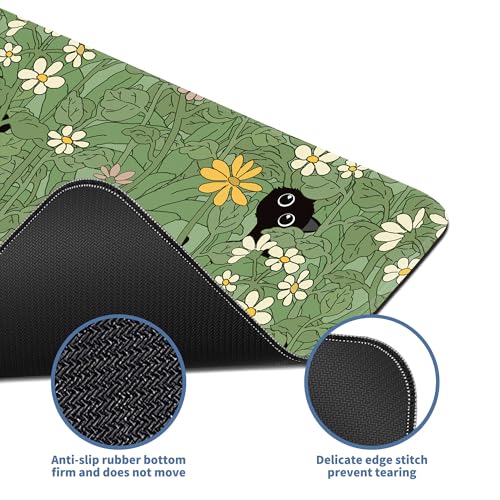 Cute Cat Mouse Pad Large Green Desk Mat Extended Keyboard Mouse Pad Kawaii Mousepad with Non-Slip Base and Stitched Edge Plant Mouse Mat Desk Pad 31.5 x 11.8 in Mouse Pads for Decor Home Office Gaming - color: Green Plant Cat