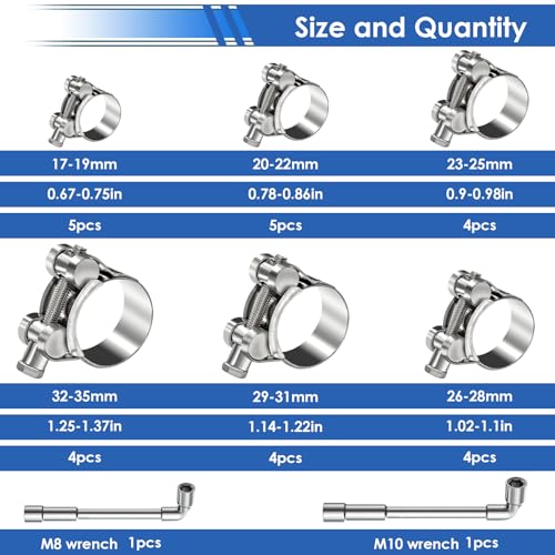 smseace 30Pcs 17-35mm T-bolt Hose Clamps 304 Stainless Steel 6-sizes Heavy Duty T bolt Hose Clamps with M8 and M10 Socket Wrenches - size: 17-35mm