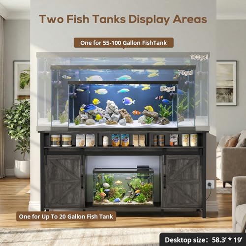VOWNER 75-120 Gallon Fish Tank Stand with Power Outlet, Farmhouse Aquarium Stand with Storage Cabinet & Sliding Barn Doors, Heavy Duty Reptile Tank Stand, for 2 Tanks, 1000LBS Capacity, Grey - color: Grey