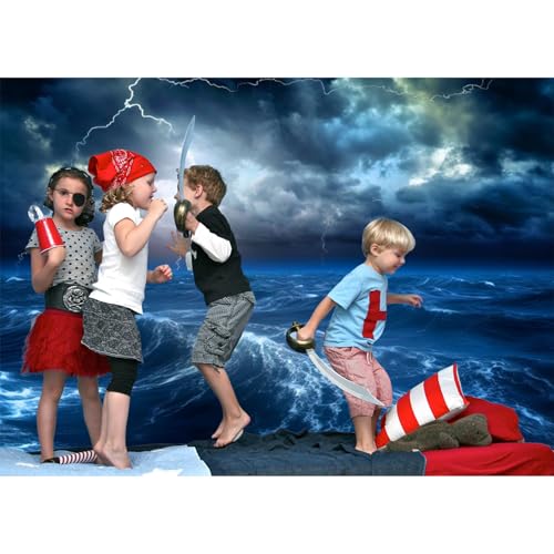 Renaiss 6x4ft Ocean Lightning Backdrop Sea Waves Dark Clouds Sky Night Thunder-Storm Rainy Photography Background for Nautical Baby Shower Kids Birthday Party Banner Photo Studio Props - color: Blue-a, size: 6x4ft
