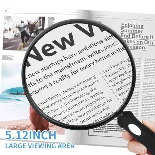 10X Large Magnifying Glass for Reading, Upgraded Handheld Magnifier with 5.12inch Anti-Glare Lens, Non-Slip Handle for Close Work, Seniors Reading, Kids Nature Exploration, Hobby Observation