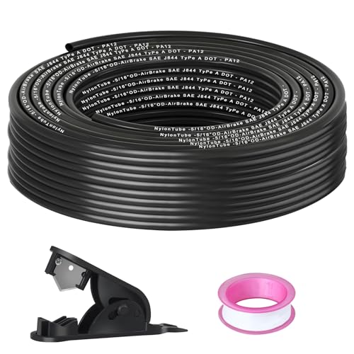 5/16" OD x 50FT DOT Air Line Black SAE J 844 PA12 Nylon Air Brake Tubing with Cutter and Teflon Tape, Pneumatic Nylon Air Line Hose for Semi Truck Trailer Air Brake System & Fluid Transfer - size: 50FT-5/16"OD