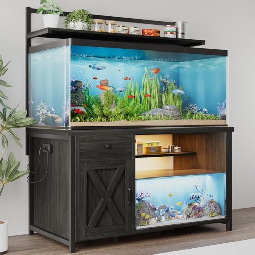 55-75 Gallon Fish Tank Stand with Power Outlet, Led Light, Aquarium Stand with Cabinet for Fish Tank Accessories Storage, Shelf, for Turtle Tank, Reptile Terrarium, 1100 LBS, Gray - color: Gray